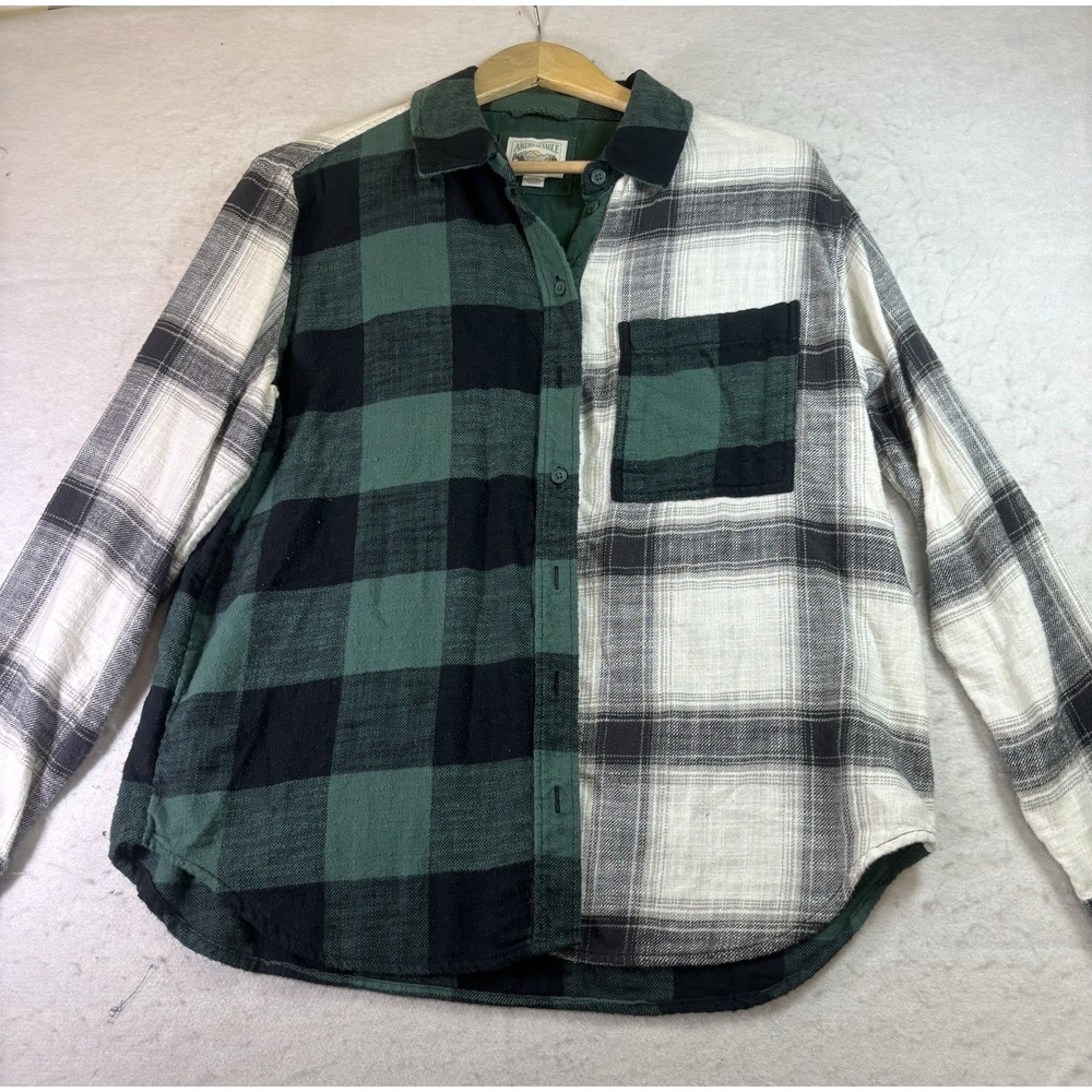 American Eagle Patchwork Plaid Flannel Shirt Long Sleeve Button Up Small Blue/Gr